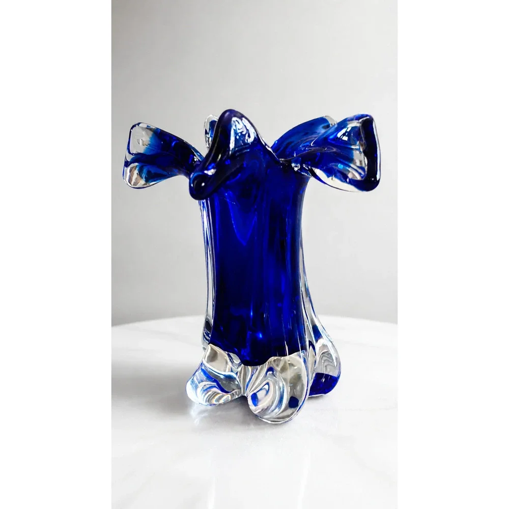 Vintage Czech Chřibská Josef Hospodka Style Cobalt Blue Art Glass Ruffled Vase